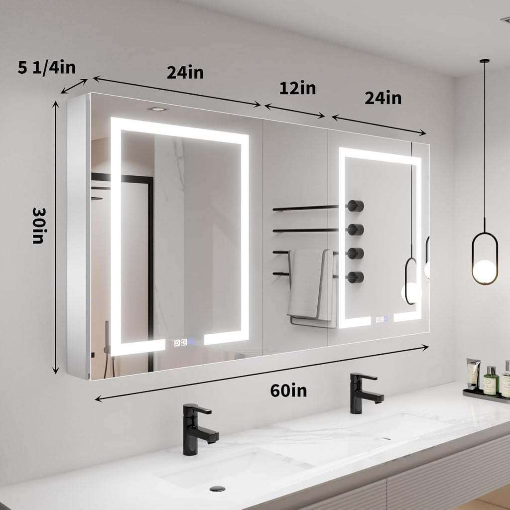 LED Lighted Bathroom Medicine Cabinet with Mirror, 60 x 30 Inch, with Extra Closed Storage Cabinet A981273