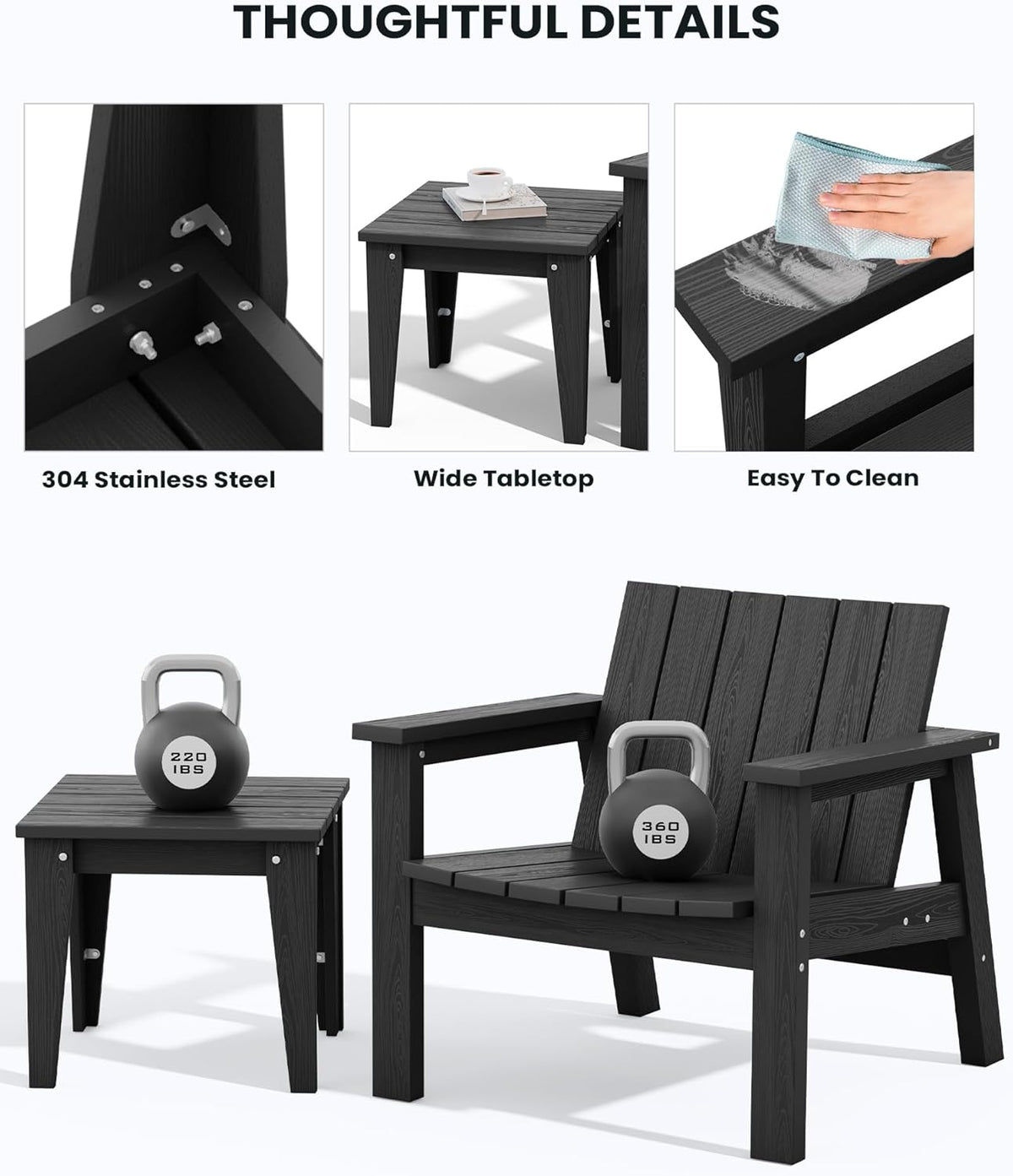 3 Piece HDPE Adirondack Chair Set with Side Table Black O18350