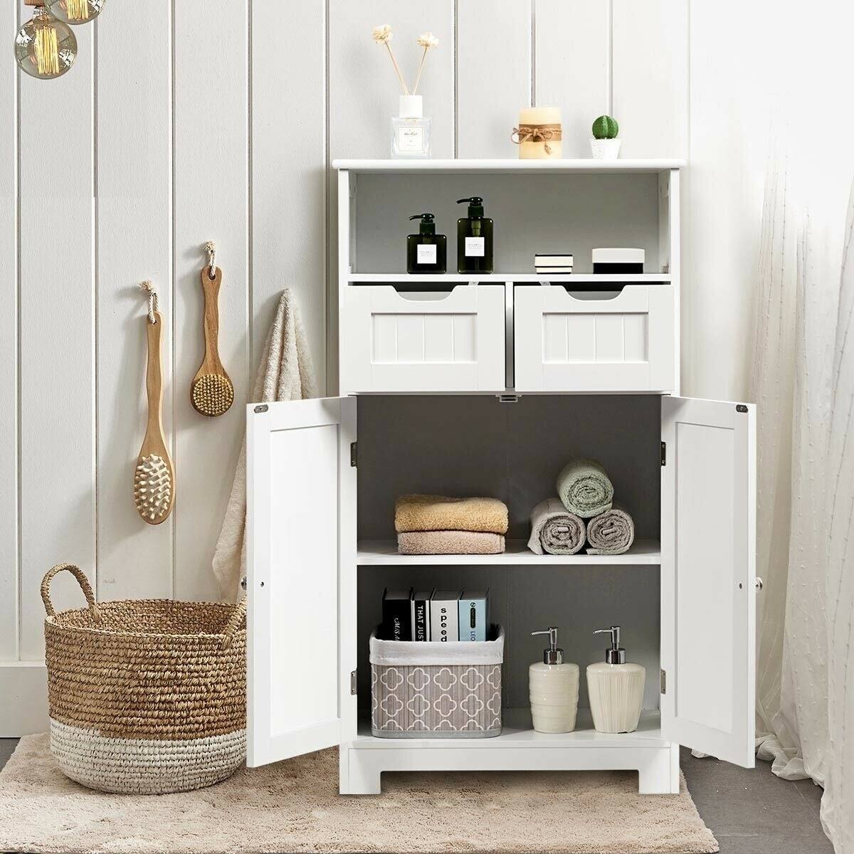 White Wooden Bathroom Side Cabinet with 2 Drawers and 2 Doors C316271