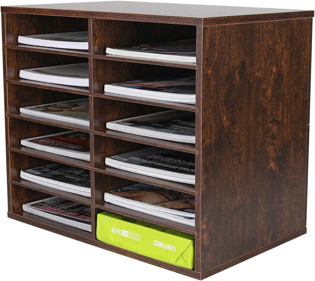 12 Compartments Black White Wood Desktop Literature Organizer H288920