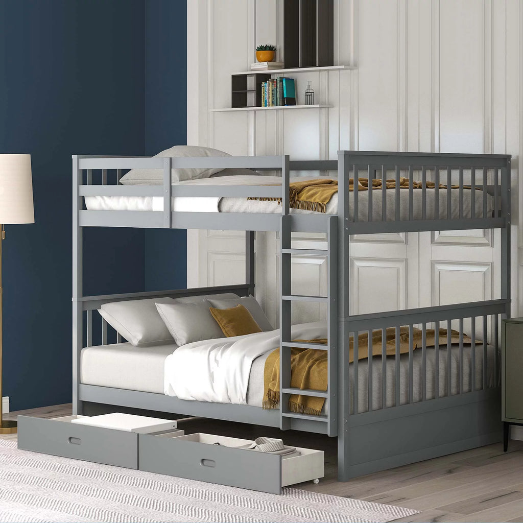 Full over Full Bunk Bed with Ladder and 2 Drawers, Gray U593688