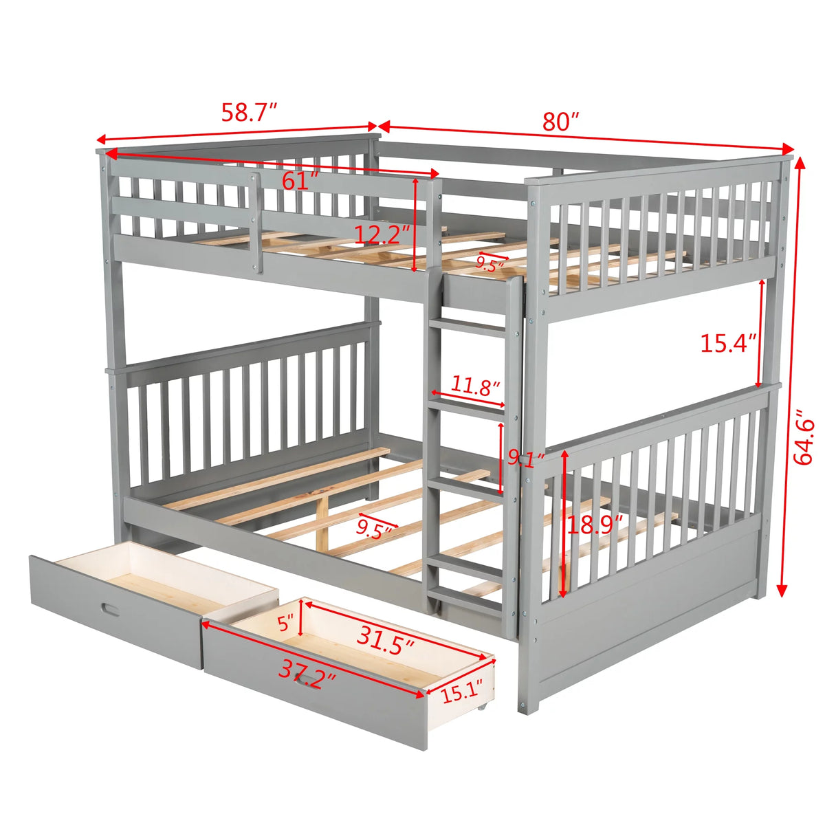 Full over Full Bunk Bed with Ladder and 2 Drawers, Gray U593688