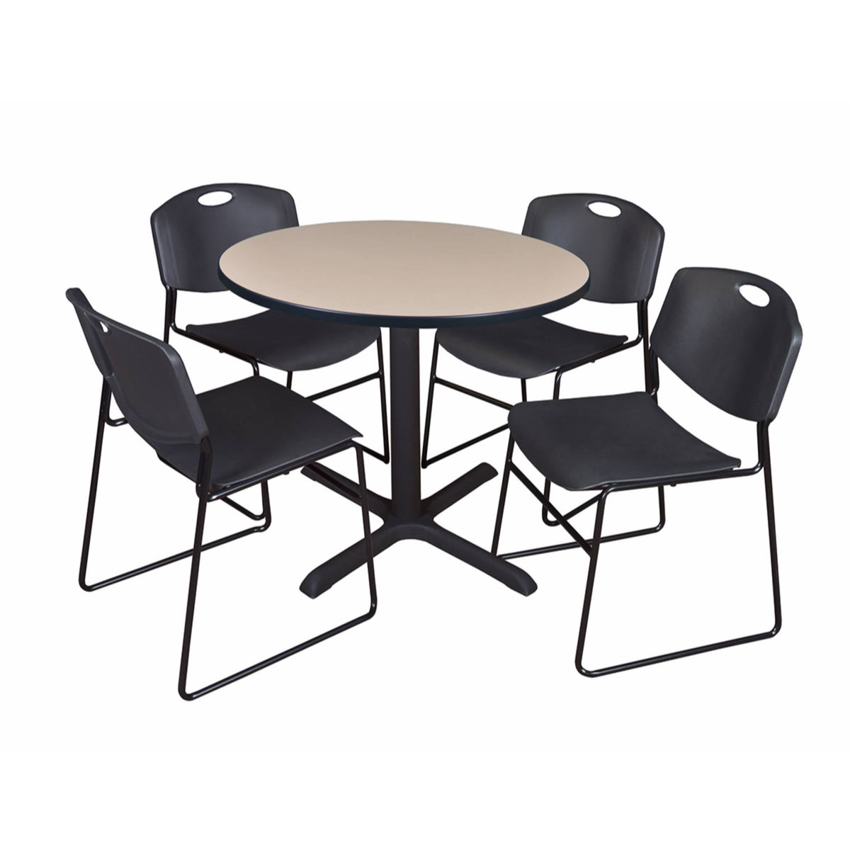 Beige Round Breakroom Table with 4 Black Stack Chairs G599