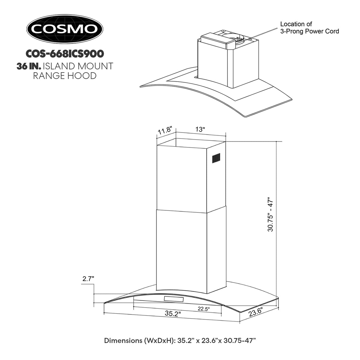 36 in. Ducted Island Range Hood in Stainless Steel Y56221