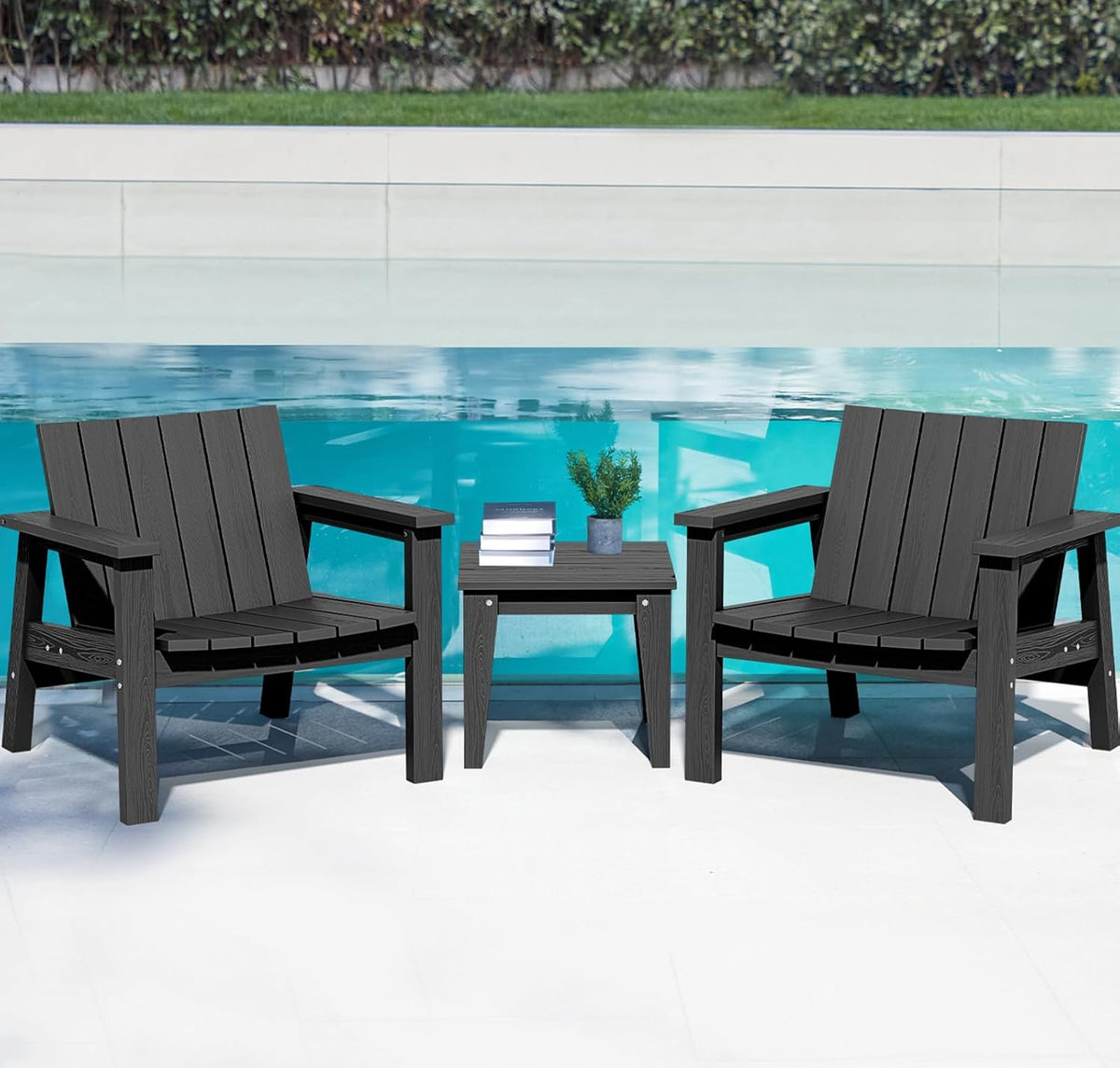 3 Piece HDPE Adirondack Chair Set with Side Table Black O18350