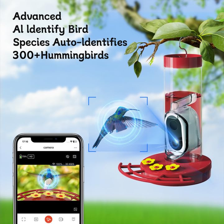 Smart Hummingbird Feeder with Camera Solar-Powered, AI Identify, Cloud Storage, HD Video (20 Ounces) O630