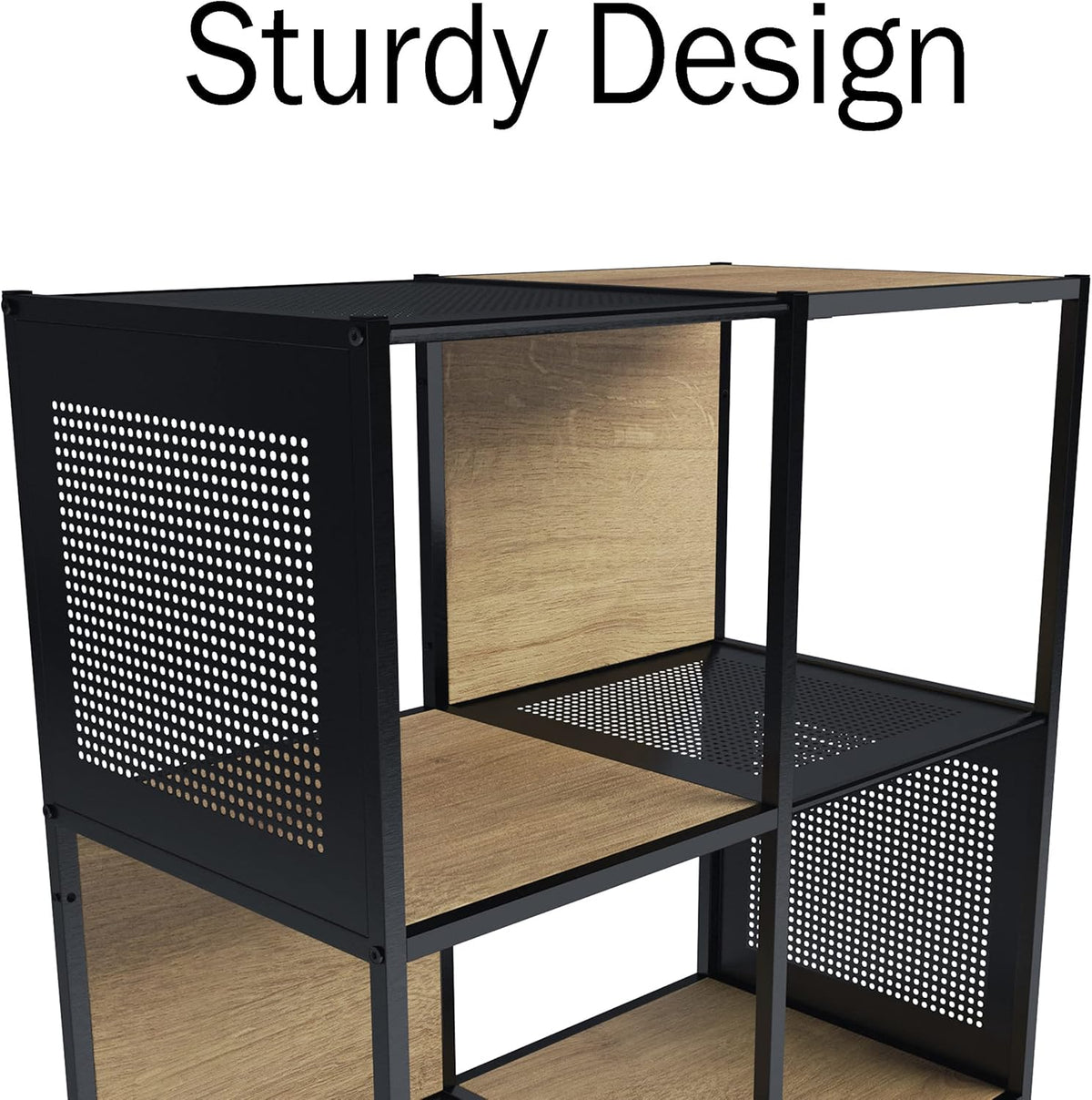 Oak and Black Wood and Metal Cube Storage Bookshelf D1351