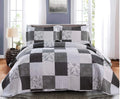 King Size Black White Grey Plaid Patchwork Quilt Microfiber Bedspread P2363