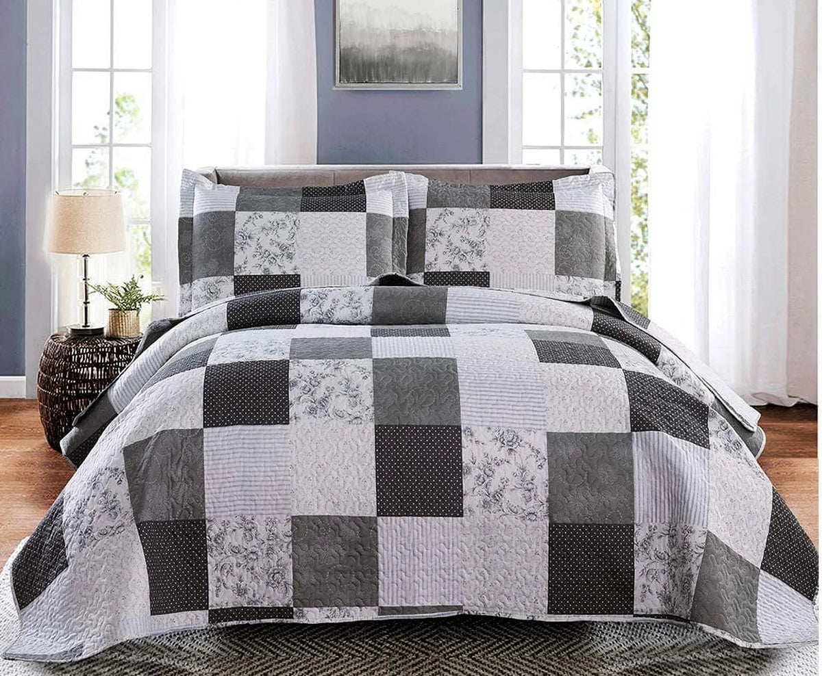 King Size Black White Grey Plaid Patchwork Quilt Microfiber Bedspread P2363
