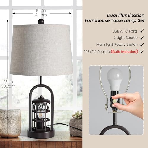 23" Rustic Table Lamp Set of 2 with Night Light, Brown X615144
