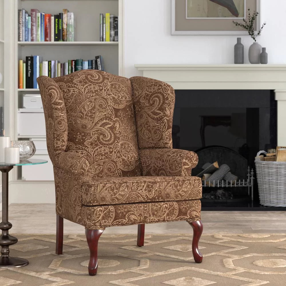 Paisley Cocoa Brown Chenille Fabric Wing Back Accent Chair F752