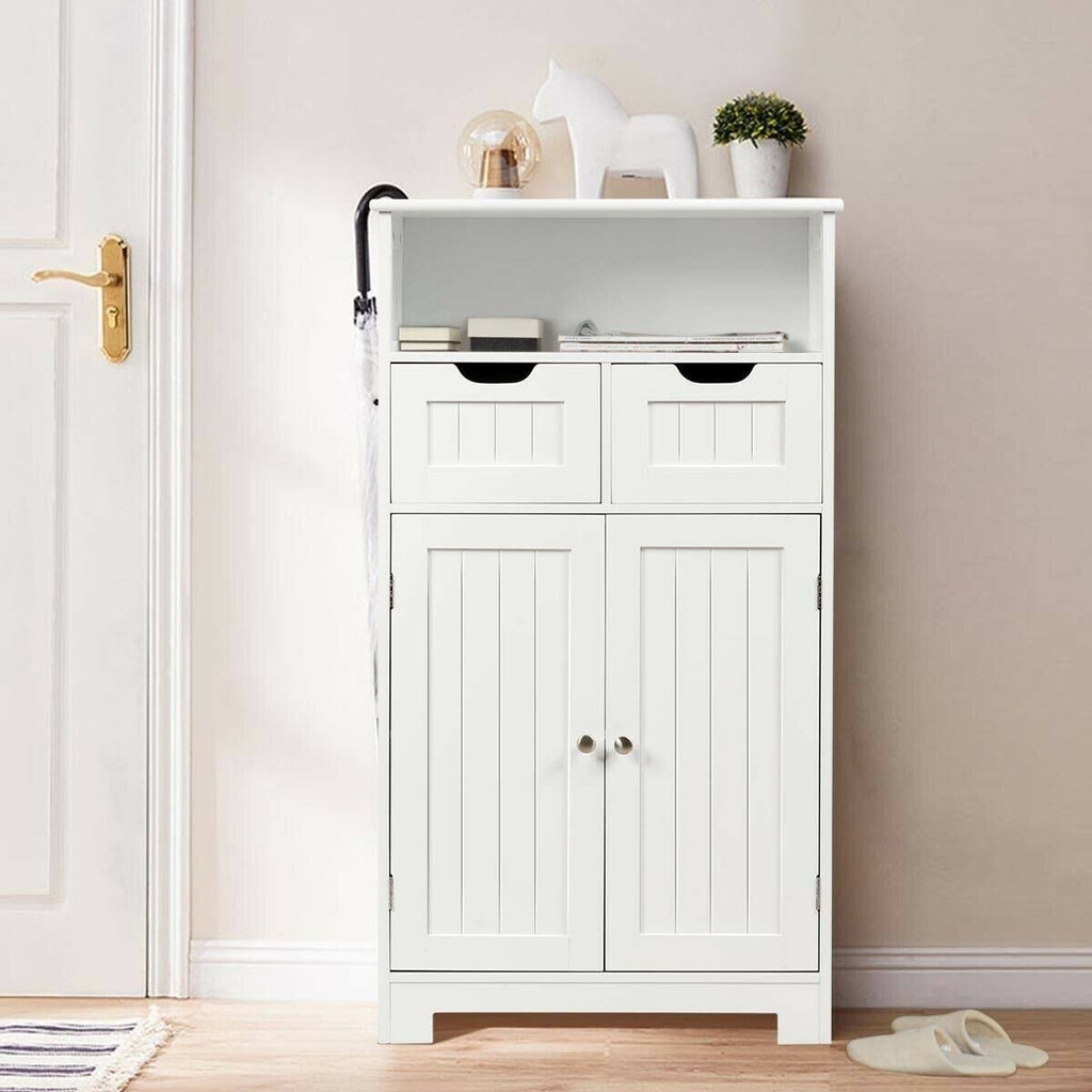 White Wooden Bathroom Side Cabinet with 2 Drawers and 2 Doors C316271