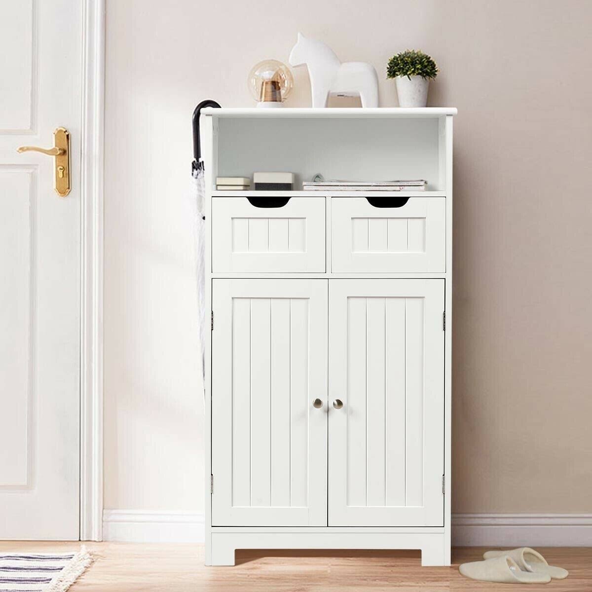 White Wooden Bathroom Side Cabinet with 2 Drawers and 2 Doors C316271