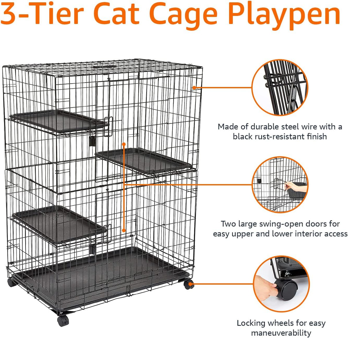 Large 3-Tier Cat Cage Playpen Crate Kennel, Black Y93020