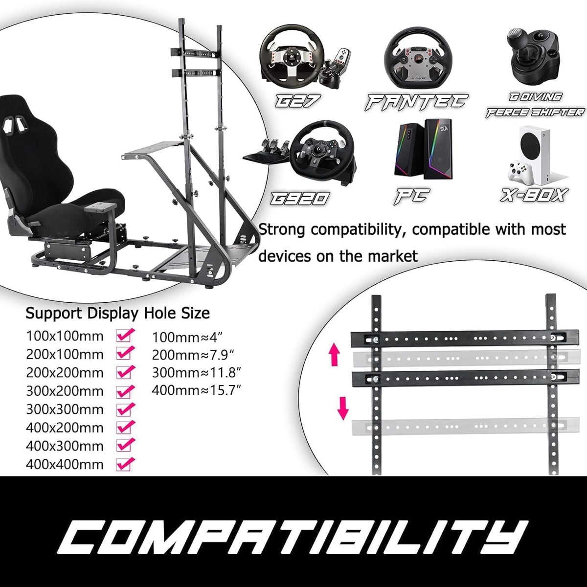 Black Seat TV VR Sim Racing Simulator Cockpit with Monitor Stand B57158