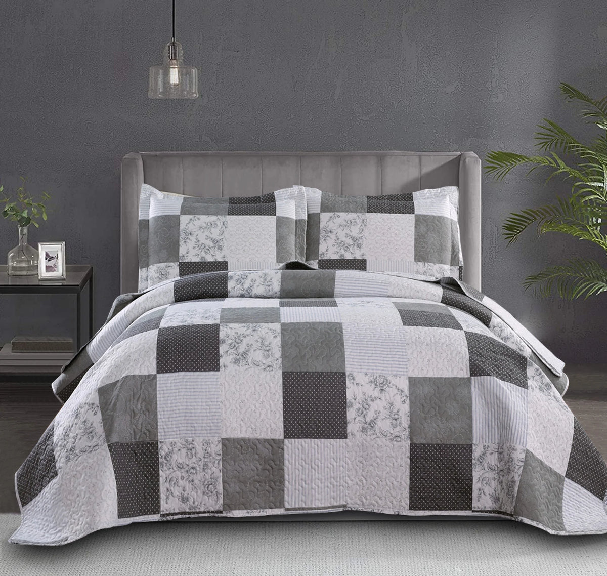 King Size Black White Grey Plaid Patchwork Quilt Microfiber Bedspread P2363