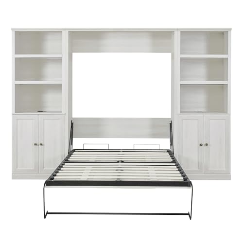 White Wood Full Size Murphy Bed with Storage Cabinet Z894