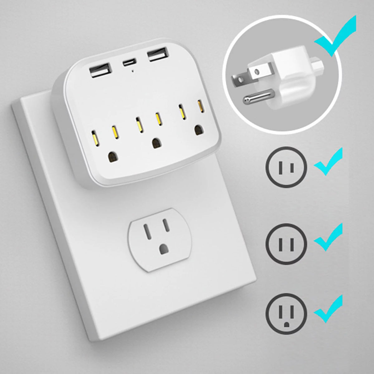 International Power Plug with 3 US Outlets and 2 USB L422