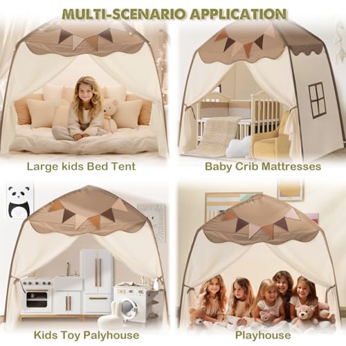Cream Extra Large Kids Play Tent with Flags & Star Lights, 59x39x59 in F31781