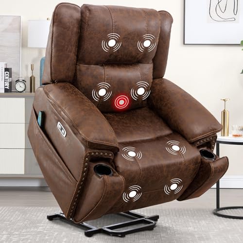 Brown Leather Power Lift Chair with Massage and Heat U7428