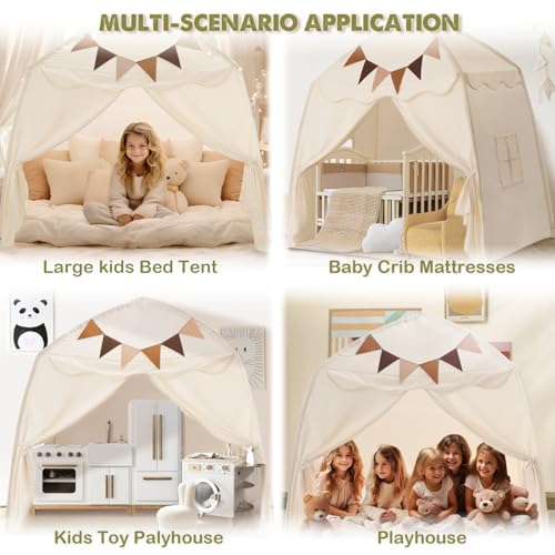 Cream Extra Large Kids Play Tent with Flags & Star Lights, 59x39x59 in F31781