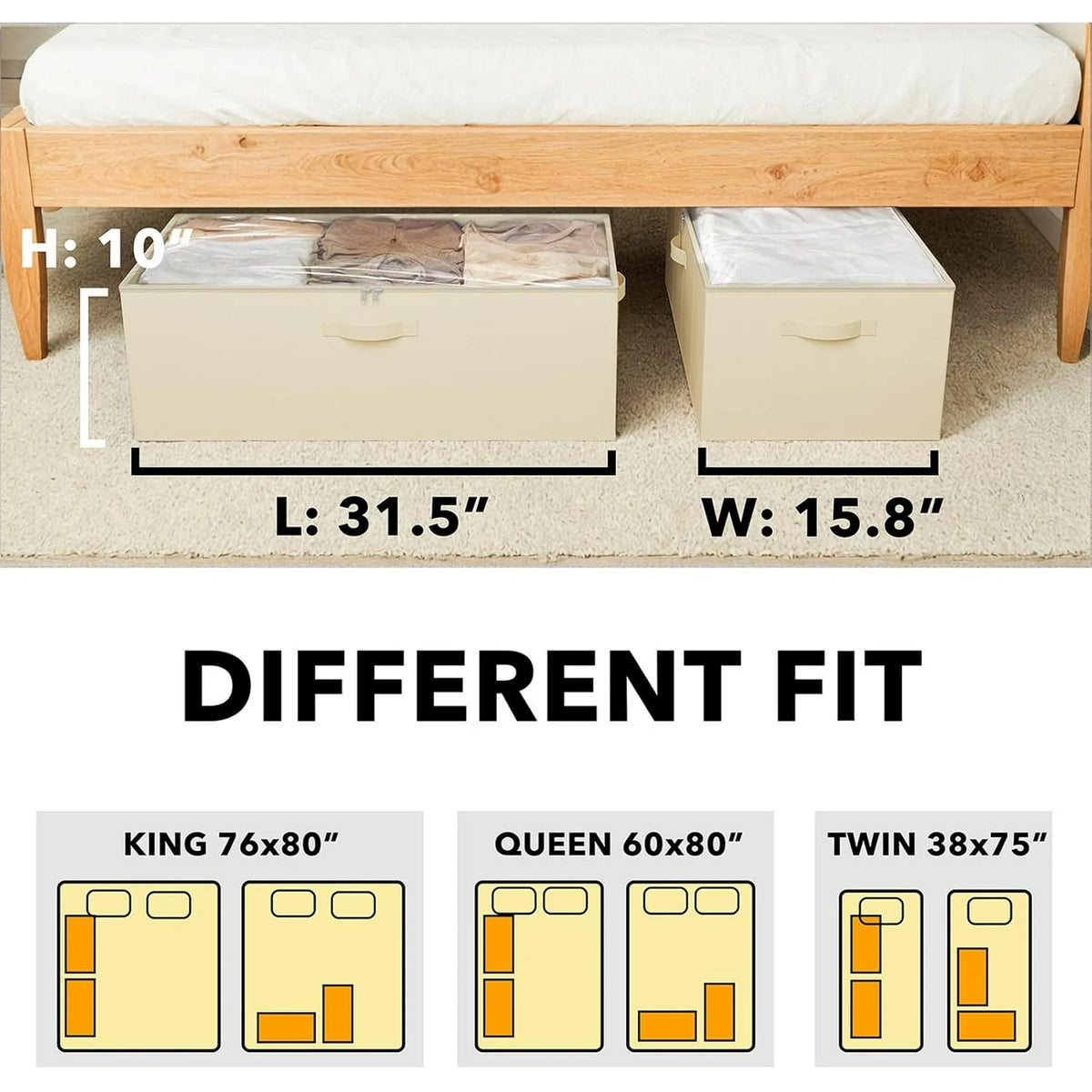 2 Pack 10 High Under Bed Storage Containers with Lids (Beige) T825