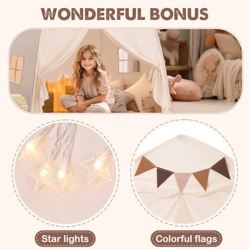 Cream Extra Large Kids Play Tent with Flags & Star Lights, 59x39x59 in F31781