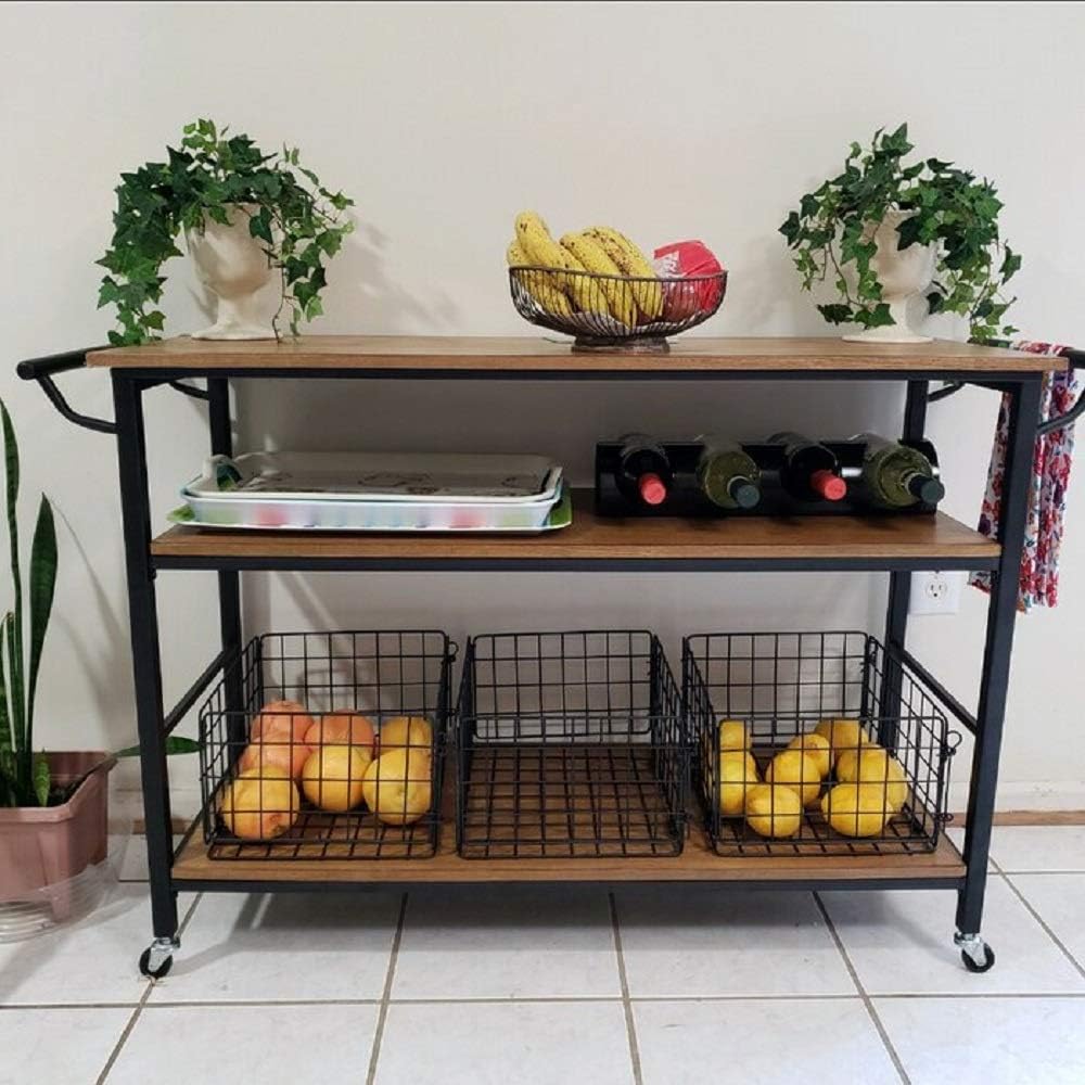 Industrial Kitchen Cart with Wheels and 3 Metal Storage Baskets E210271