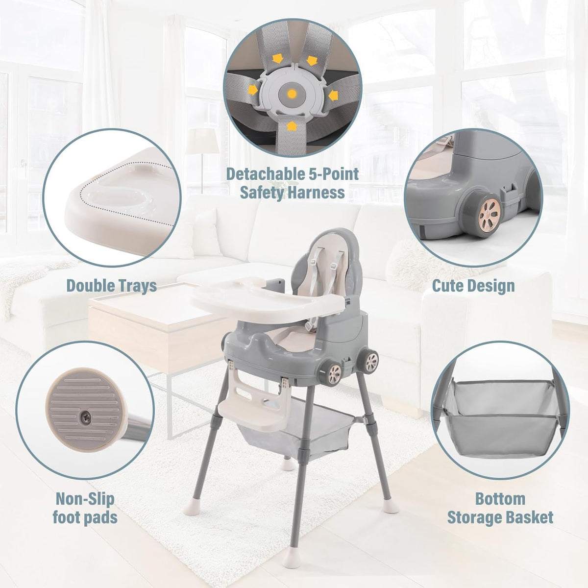 Deep Gray 3 in 1 Baby High Chair with 5-Point Harness H109710