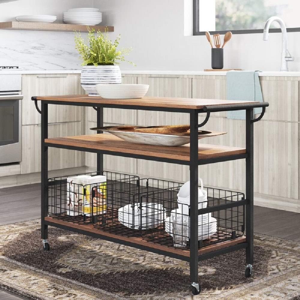 Industrial Kitchen Cart with Wheels and 3 Metal Storage Baskets E210271