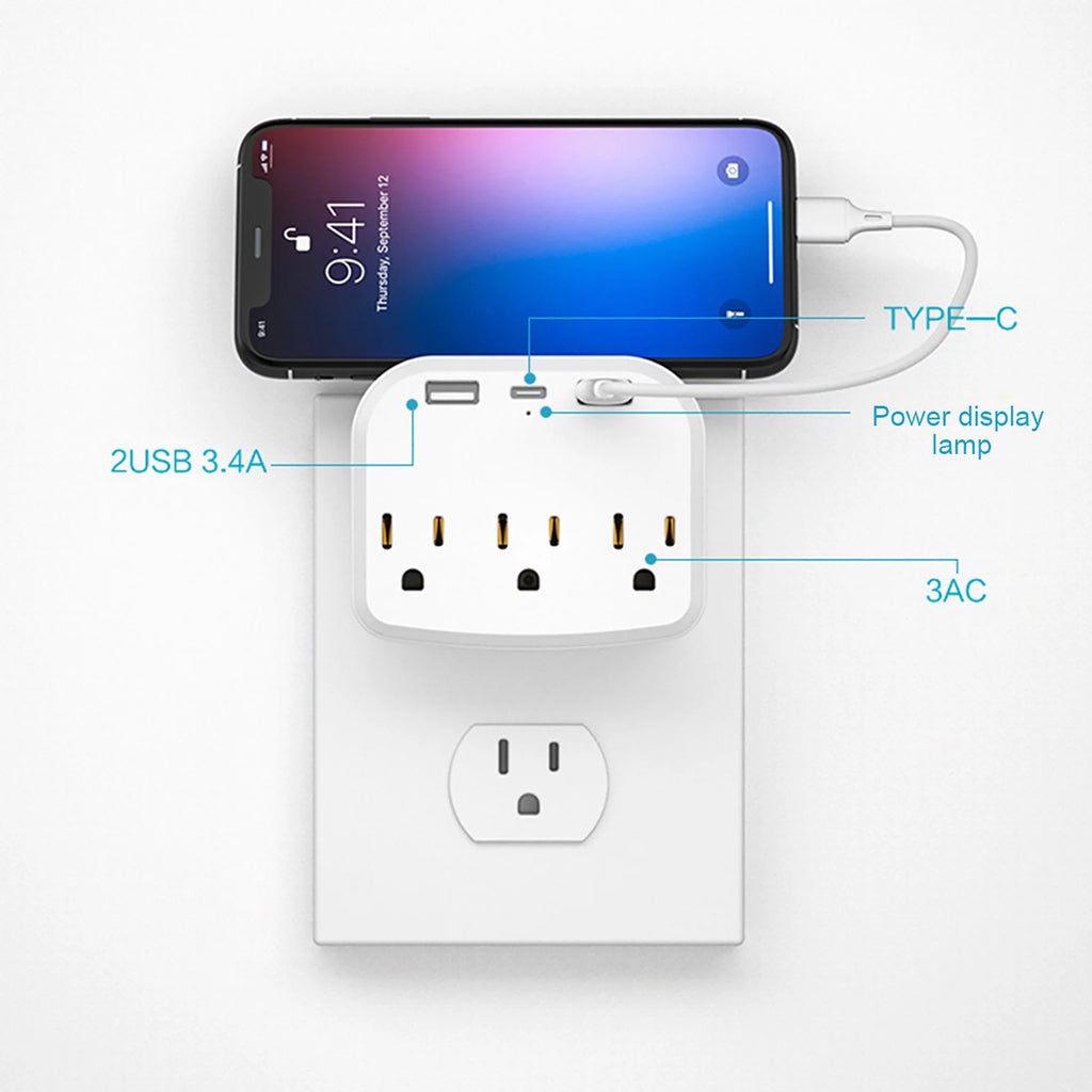 International Power Plug with 3 US Outlets and 2 USB L422