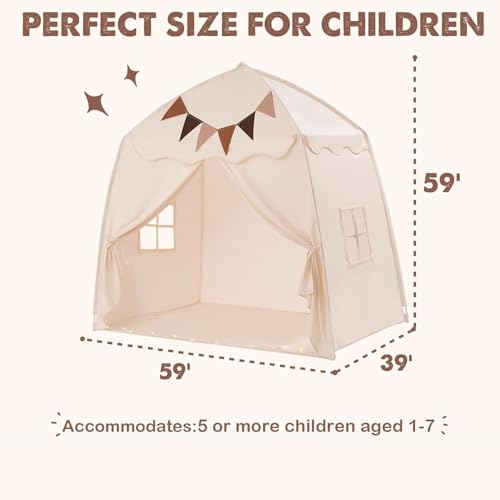 Cream Extra Large Kids Play Tent with Flags & Star Lights, 59x39x59 in F31781