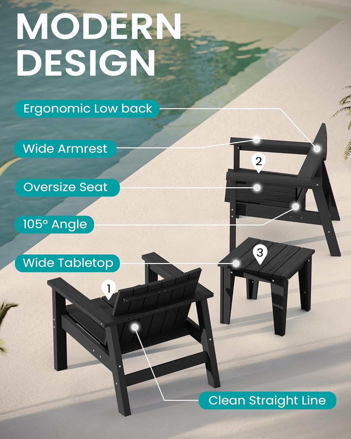 3 Piece HDPE Adirondack Chair Set with Side Table Black O18350