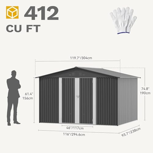 10x8ft Dark Gray Metal Outdoor Storage Shed J639