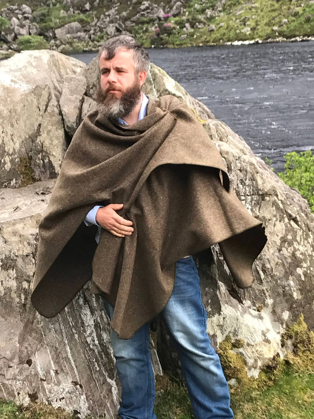 Irish Tweed Wool Ruana Wrap Cape Coat, Brown Melange Speckled, 100% Wool A752486