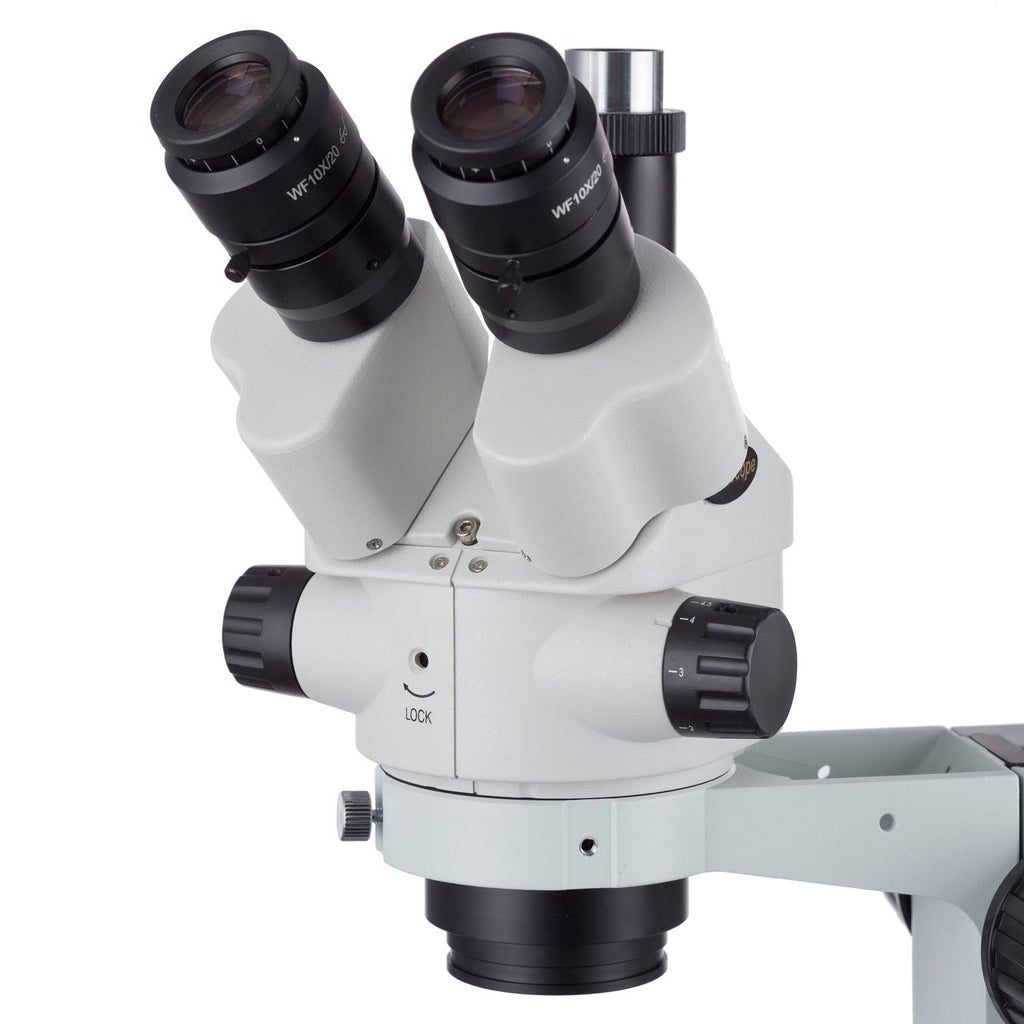 7X-90X Simul-Focal Stereo Zoom Microscope on Dual Arm Boom Stand E9165