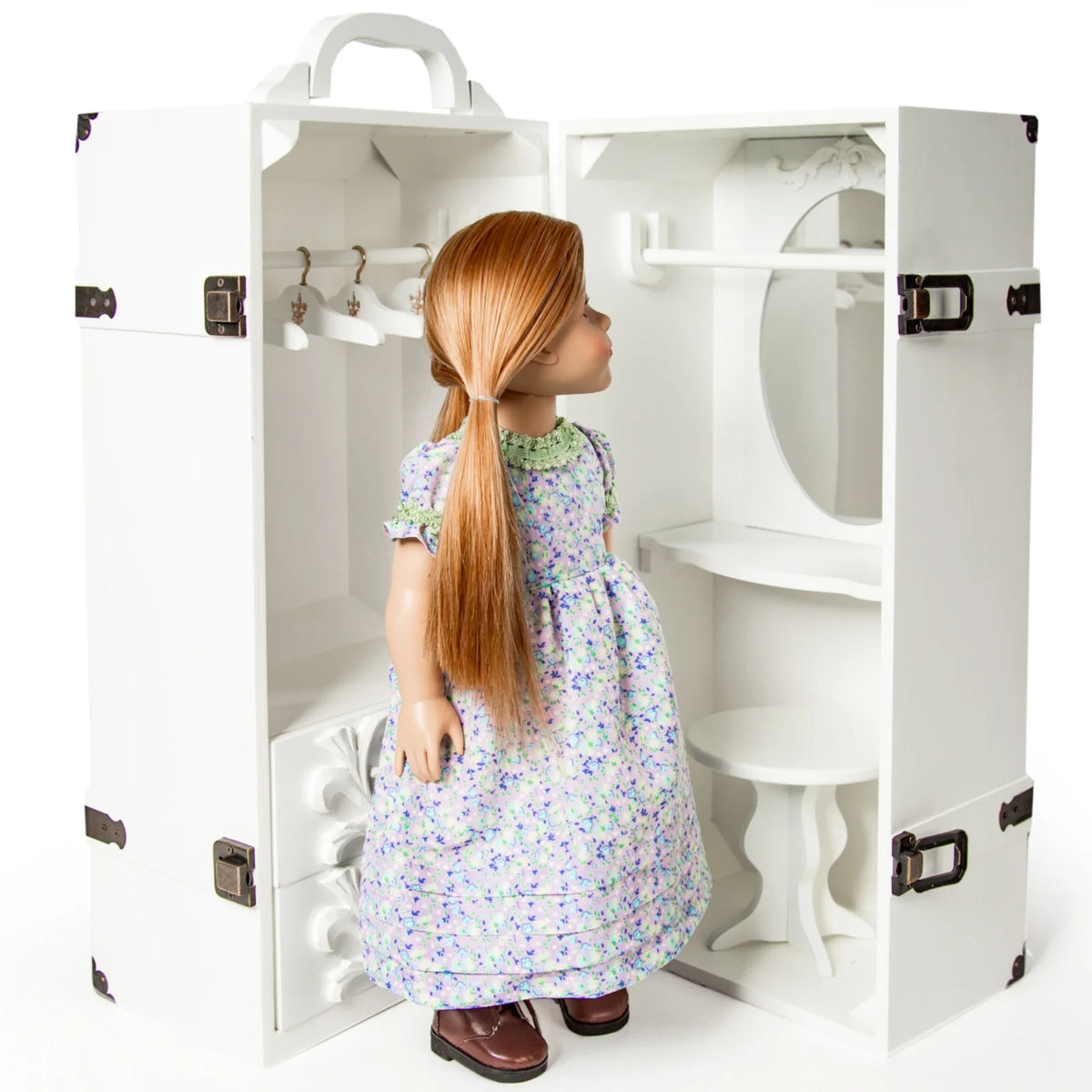 18 Inch Doll Clothes Storage Case Wooden Trunk with Vanity, Stool, Hangers X229