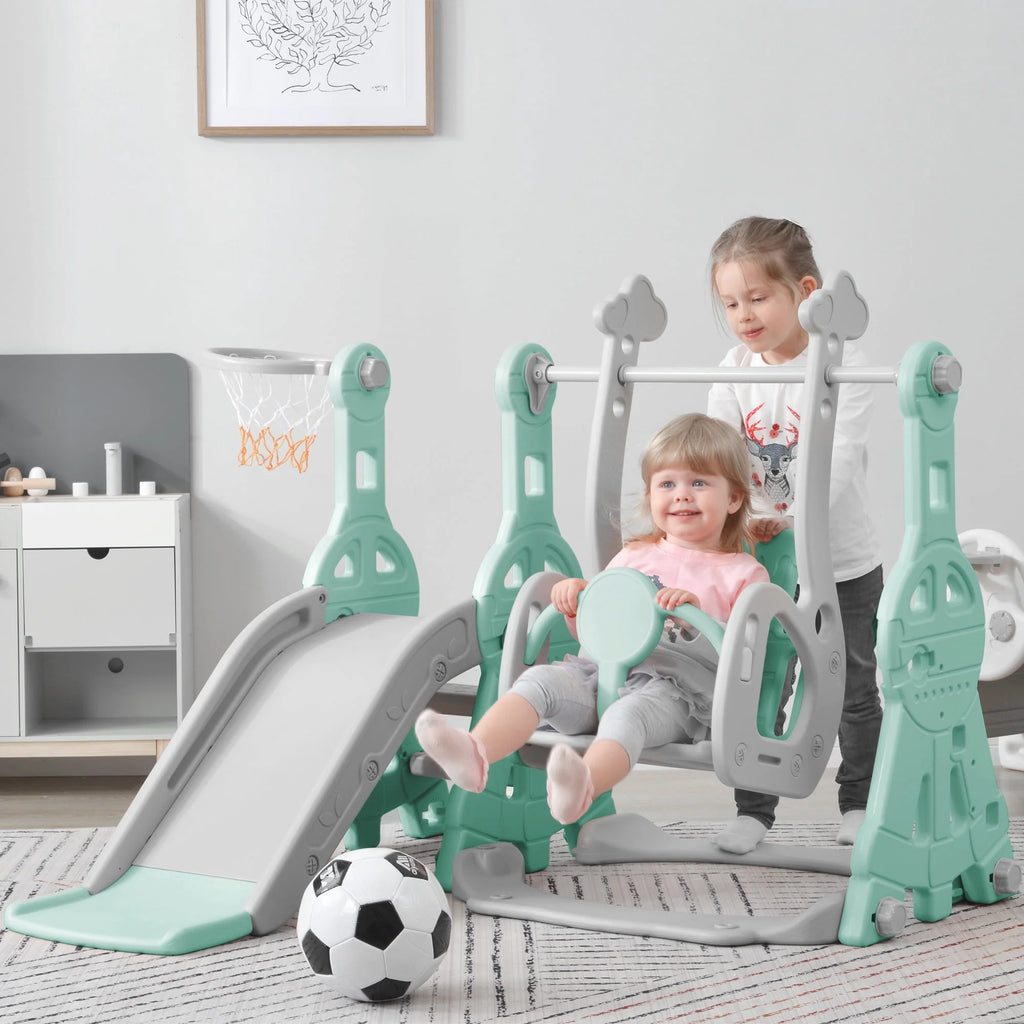 3 in 1 Toddler Slide and Swing Set with Basketball Hoops Green F650886