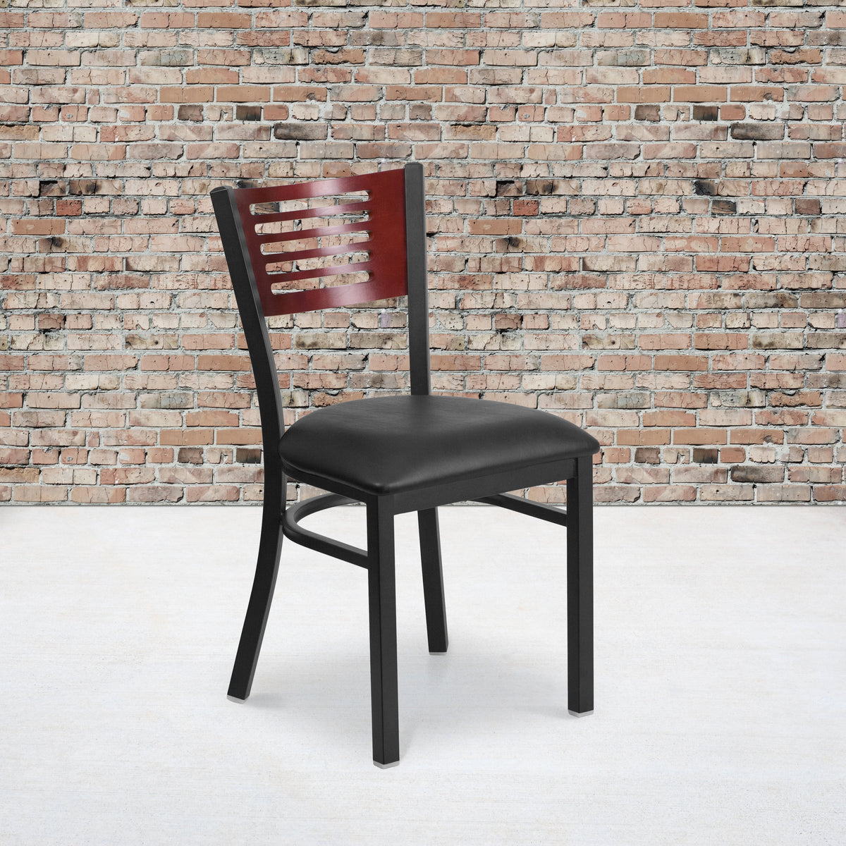 Black Slat Back Metal Restaurant Chair with Wood Back and Vinyl Seat Z414