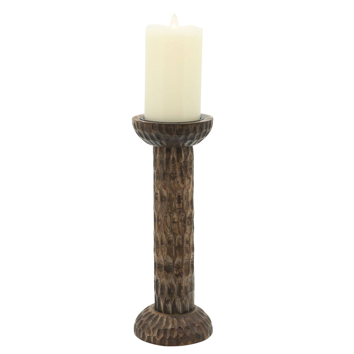 Brown Hammered Mango Wood Pillar Candle Holder P5108