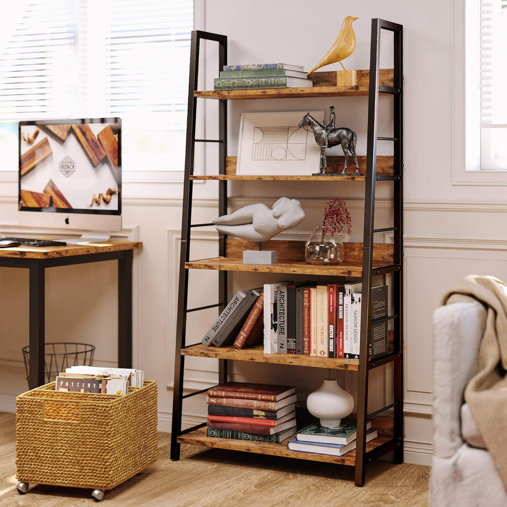 Industrial Bookshelves and Bookcases, Ladder Shelf 5 Tier with Metal Frame, Rustics Brown G2840