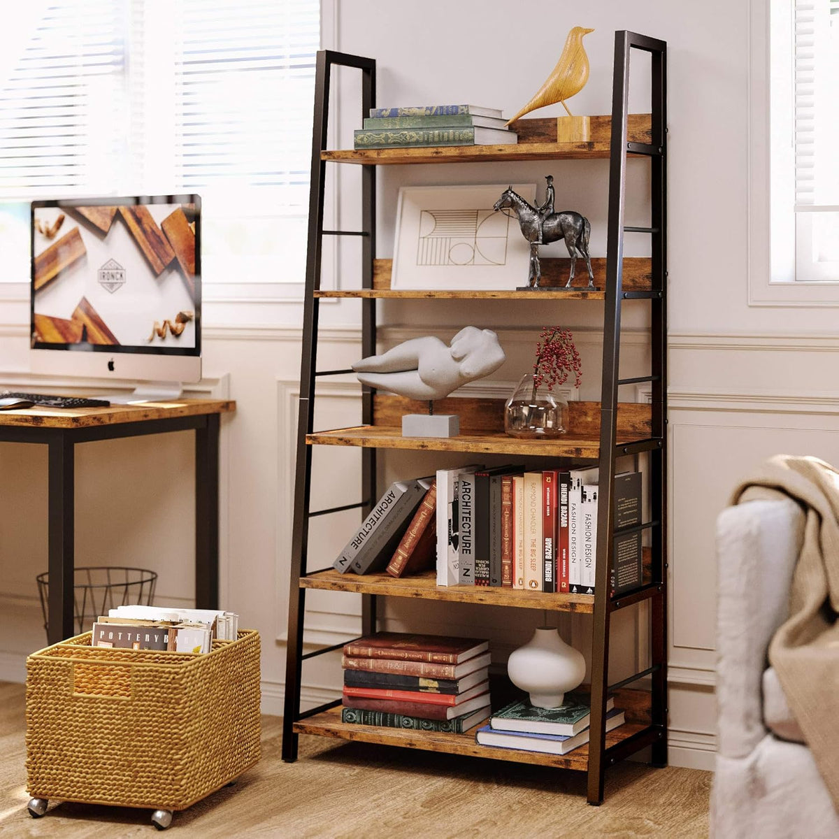 Industrial Bookshelves and Bookcases, Ladder Shelf 5 Tier with Metal Frame, Rustics Brown G2840