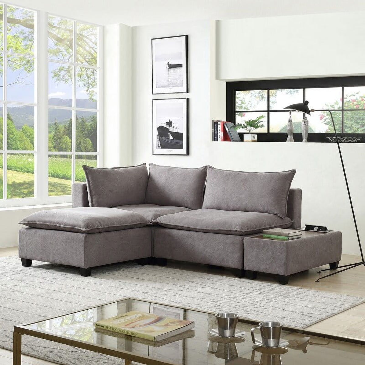 Light Gray Fabric Sectional Loveseat with Ottoman U111274