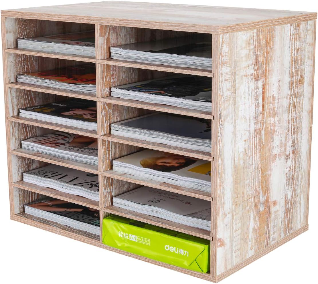 12 Compartments Black White Wood Desktop Literature Organizer H288920