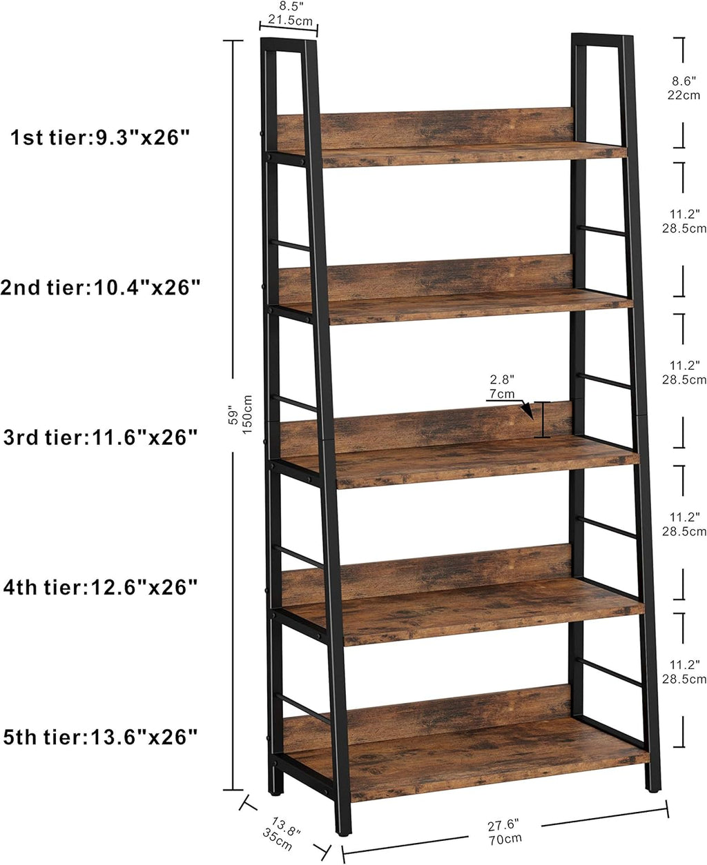 Industrial Bookshelves and Bookcases, Ladder Shelf 5 Tier with Metal Frame, Rustics Brown G2840