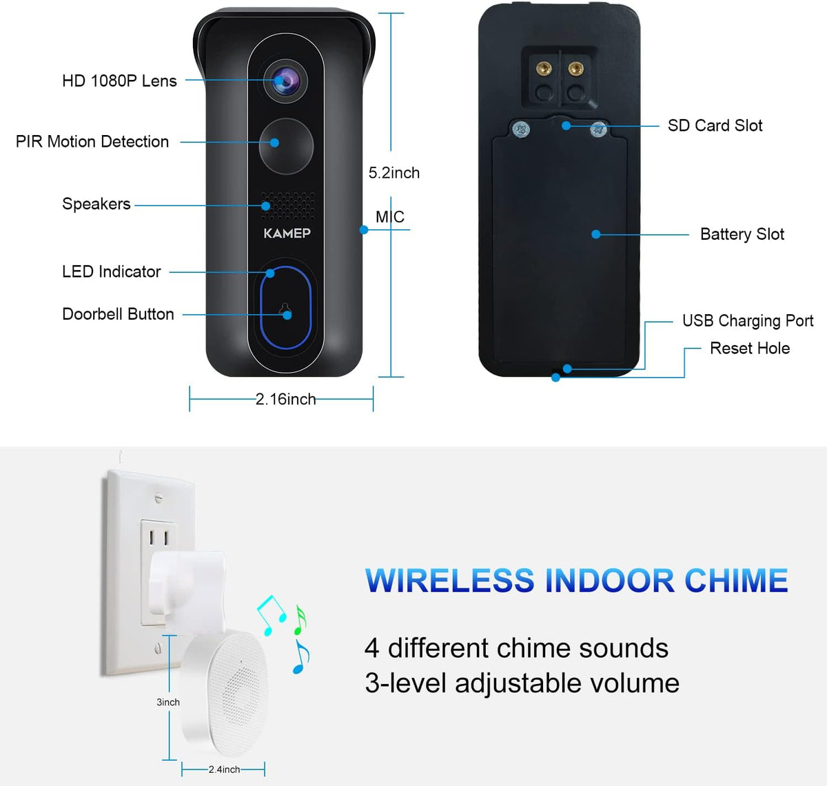 Wireless WiFi Video Doorbell Camera HD 1080P Waterproof Battery Powered with 2-Way Audio Motion Detection IR Wide Angle Cloud Storage I396832