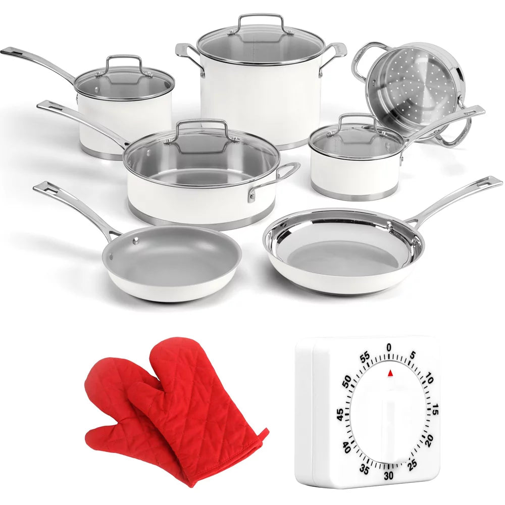 11-piece Matte White Cookware Set with Oven Mitt and Kitchen Timer O1515