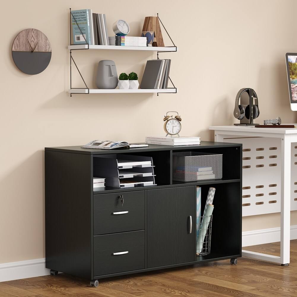 Black 2 Drawer Mobile Lateral File Cabinet with Storage Shelf D56312
