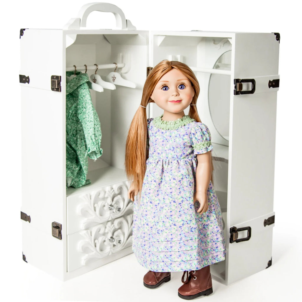 18 Inch Doll Clothes Storage Case Wooden Trunk with Vanity, Stool, Hangers X229
