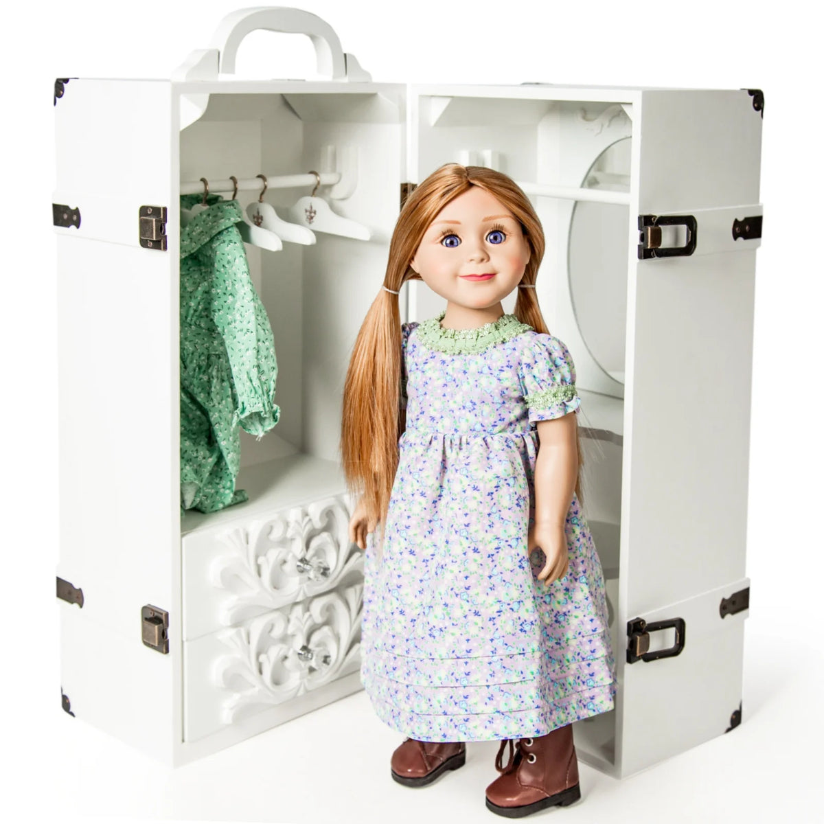 18 Inch Doll Clothes Storage Case Wooden Trunk with Vanity, Stool, Hangers X229